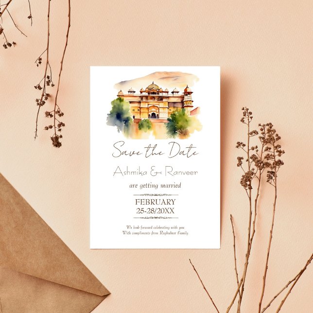 Invitation Jaipur palace Mariage indien Enregistrer la date (Jaipur palace watercolor Indian wedding save the date editable template invitation digital download )