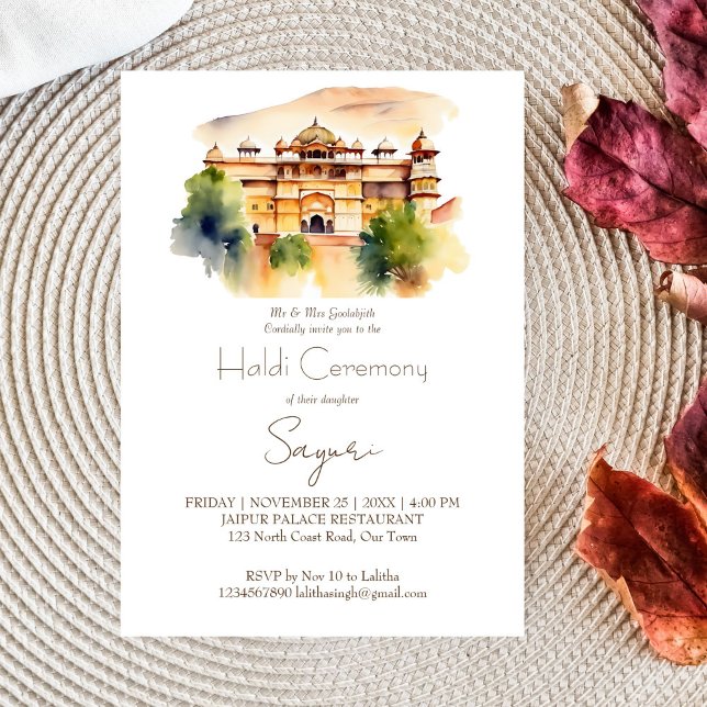 Invitation Jaipur palais aquarelle mariage indien Haldi (Jaipur palace modern watercolor Indian wedding Haldi editable template invitation digital download )