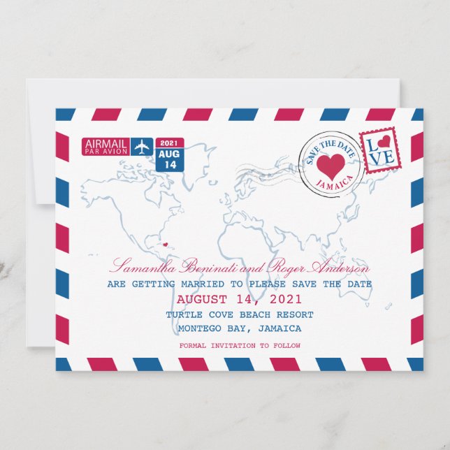 Invitation Jamaïque Mariage par Avion Réservation de la Date (Devant)