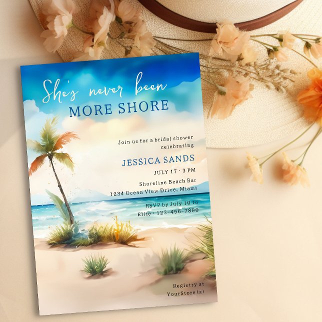 Invitation Jamais Plus De Fête des mariées Sur La Plage De L' (Fun Summer Beach Bridal Shower Invitation with watercolor ocean shore)