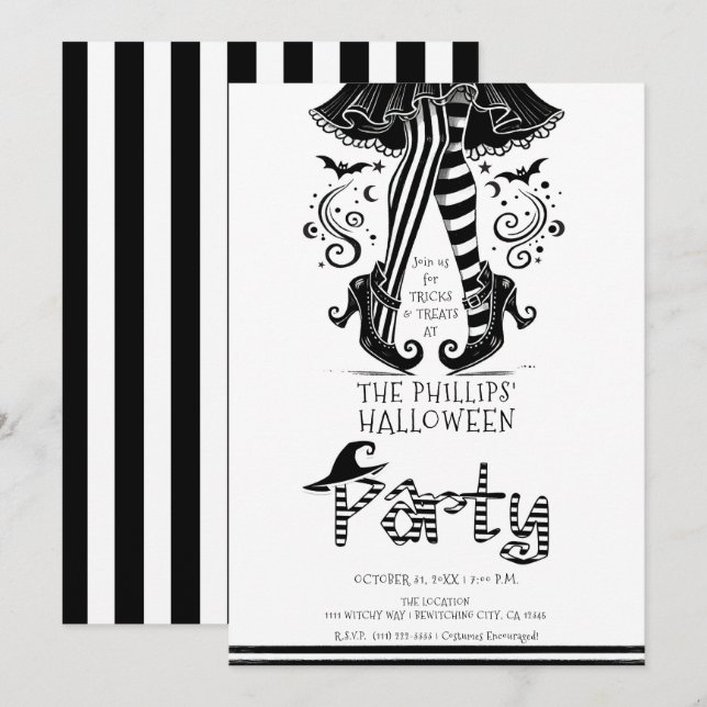 Invitation Jambes de sorcière noir et blanc Fête d'Halloween  (Devant / Derrière)