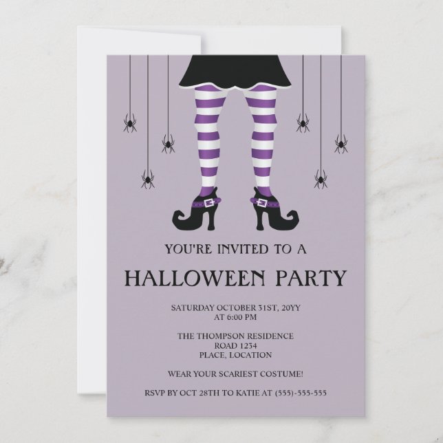 Invitation Jambes De Sorcière Violette Et Araignées Joyeux Ha (Devant)