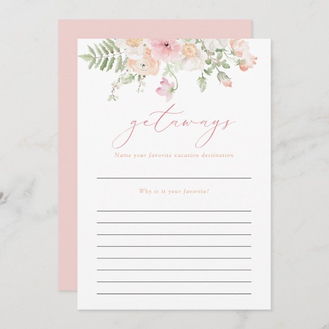 Invitation JANE Blush Rose Floral Getaways Voyage Bride Jeu (Devant / Derrière)