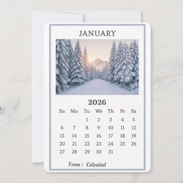 Invitation Janvier 2026 Snowy Mountain Calendrier Page (Devant)