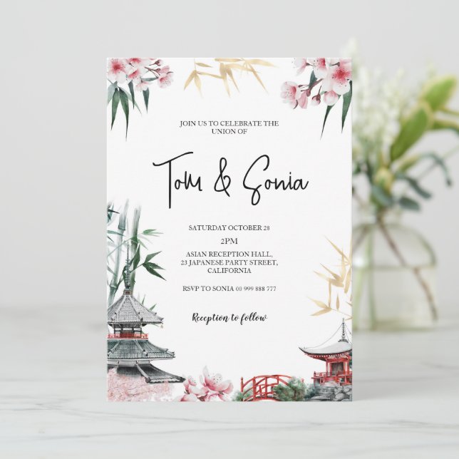 Invitation Japonais Sakura Cherry Blossom Mariage asiatique (Debout devant)