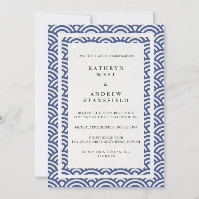 Invitation Japonais Seigaiha Vave Elégant Mariage Plage (Devant)