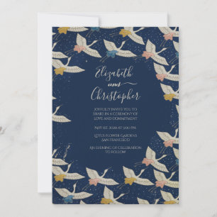Invitation Japonais Vintage Grues Bleu Mariage élégant