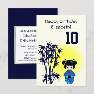 Invitation Japonaise kokeshi doll bambou fille anniversaire d