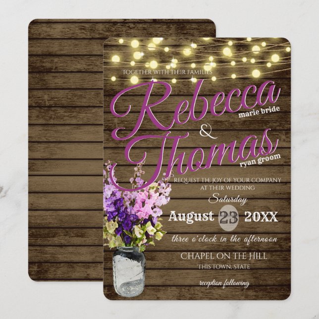 Invitation Jar de Delpheniums et Lumières Mariage rustique (Devant / Derrière)