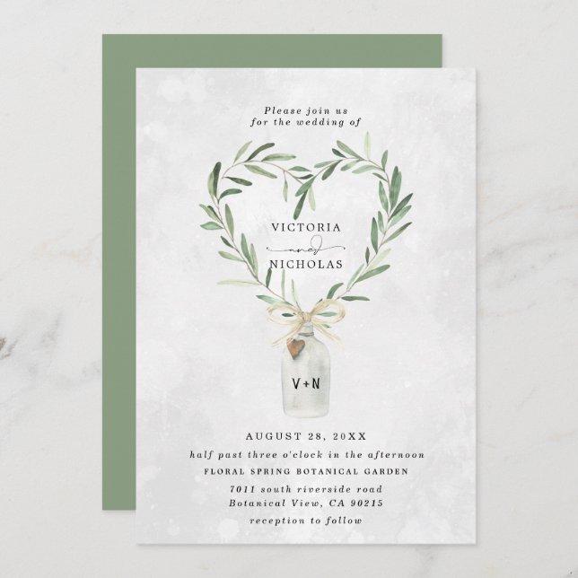 Invitation Jar de monogramme rustique | Mariage Heart Greener (Devant / Derrière)