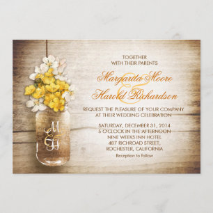 Invitation Jar Mason & fleurs jaunes blanches mariage invite
