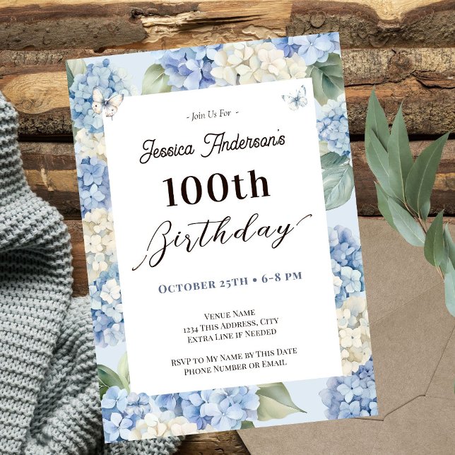 Invitation Jardin adulte Hydrangea Bleu pour 100e anniversair (Créateur téléchargé)