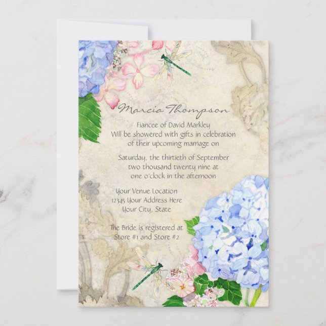 Invitation Jardin anglais, bleu et rose Hydrangeas aquarelle (Devant)