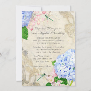 Invitation Jardin anglais, bleu et rose Hydrangeas aquarelle