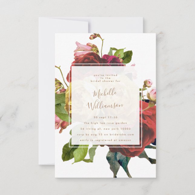 Invitation Jardin anglais Fête des mariées Rose Vintage (Devant)