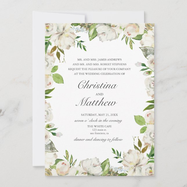 Invitation Jardin antique Fleurs blanches mariage cadre (Devant)