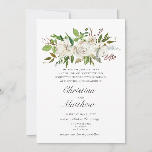 Invitation Jardin antique Fleurs blanches Mariage élégant (Devant)