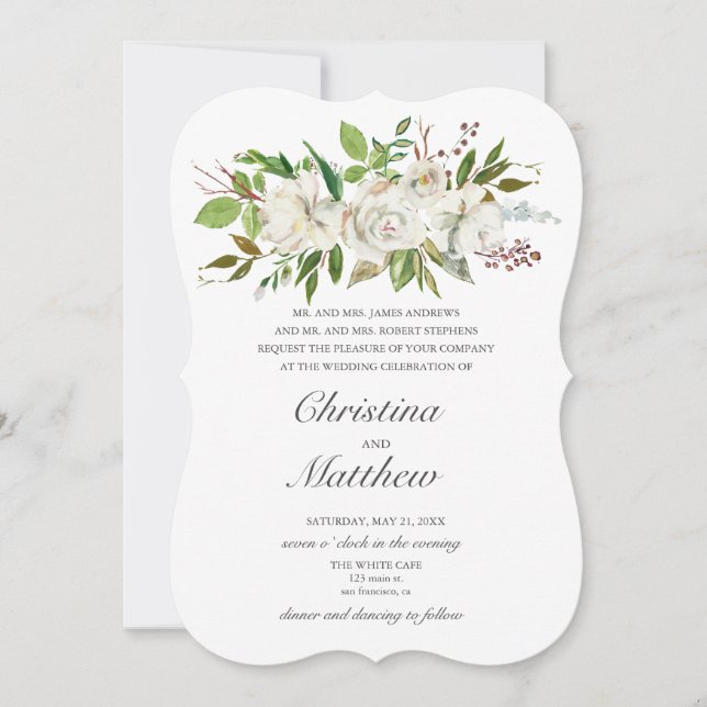 Invitation Jardin antique Fleurs blanches Mariage élégant (Devant)