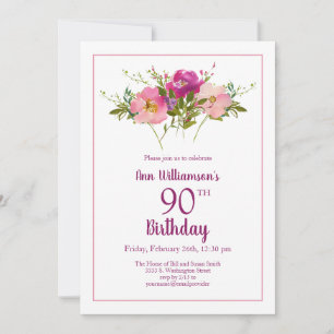 Invitation Jardin Aquarelle Fleurs Roses 90e Anniversaire