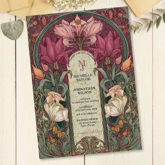 Invitation Jardin Art Nouveau Floral Élégant Bourgogne Vintag