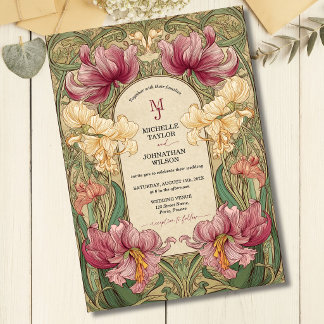 Invitation Jardin Art Nouveau Floral Élégant Bourgogne Vintag