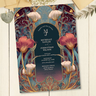 Invitation Jardin Art Nouveau Floral Élégant Bourgogne Vintag