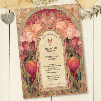 Invitation Jardin Art Nouveau Floral Vintage Bourgogne Élégan