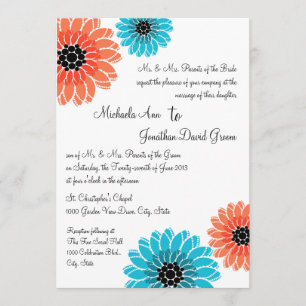 Invitation Jardin artistique corail et Mariage bleu
