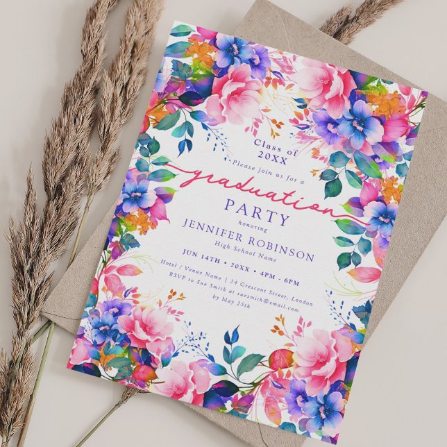 Invitation Jardin assez animé Fête de Graduation Florale (Pretty Vibrant Garden Floral Graduation Party Invitation)