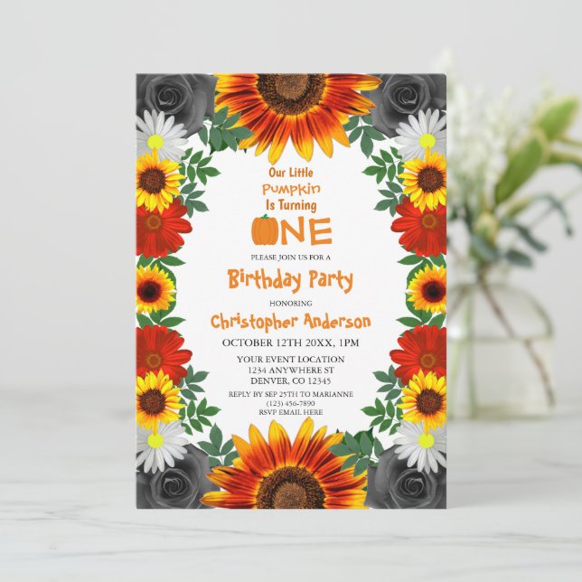Invitation Jardin Automne Floral Petit Citrouille Anniversair (Debout devant)