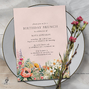 Invitation Jardin aux fleurs roses   Brunch d'anniversaire de