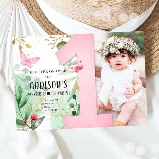 Invitation Jardin aux papillons Fleurs florales 1er premier a (Créateur téléchargé)