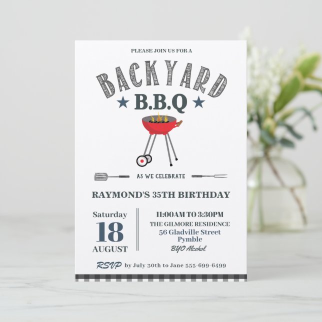 Invitation Jardin BBQ Homme Anniversaire Black En vichy Artis (Debout devant)