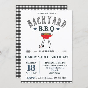 Invitation Jardin BBQ Homme Anniversaire Noir En vichy