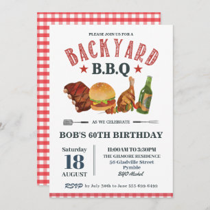 Invitation Jardin BBQ Homme Anniversaire Rouge En vichy Bière