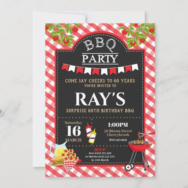 Invitation Jardin BBQ Surprise fête d'anniversaire Rouge En v (Devant)