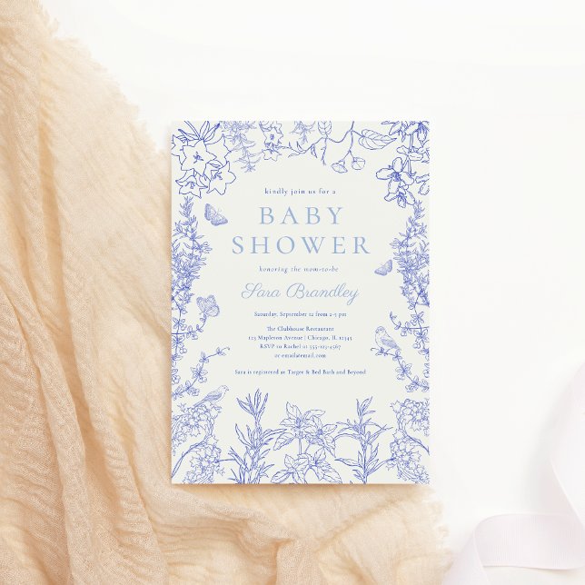 Invitation Jardin blanc bleu Chinoiserie Baby shower (Blue Whimsical Garden Chinoiserie Baby Shower Invitation)