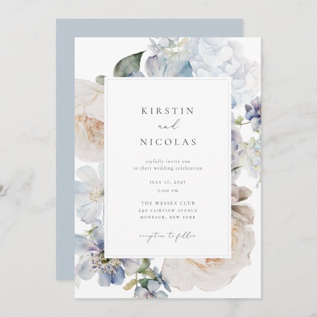 Invitation Jardin bleu Dusty Mariage Floral (Devant / Derrière)
