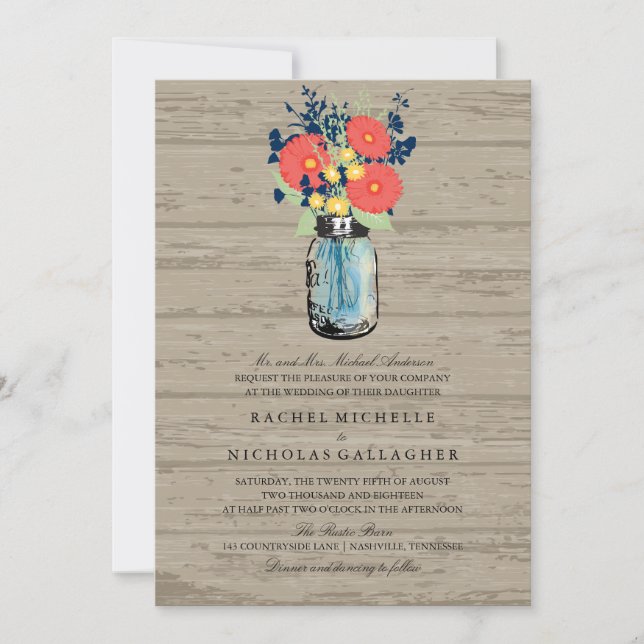 Invitation Jardin bleu et corail Mason Jar Wood | Mariage (Devant)