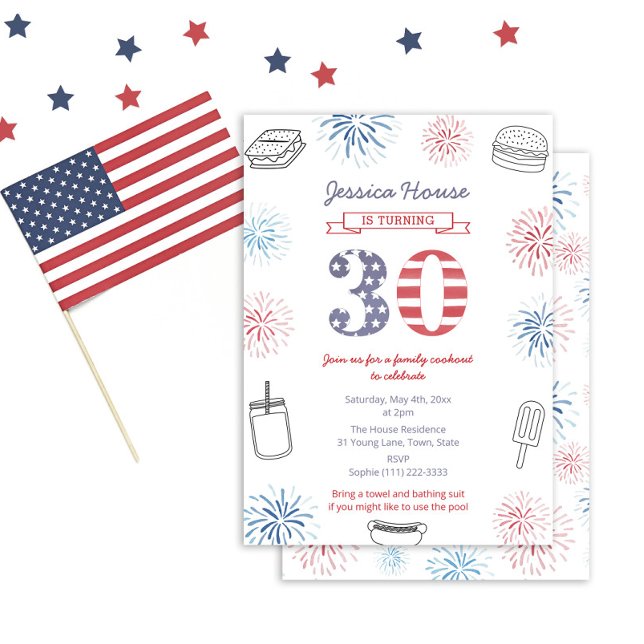 Invitation Jardin Bleu Rouge Famille 30e anniversaire (Red White And Blue Fireworks Invitation Design For A Patriotic 30th Birthday Party)