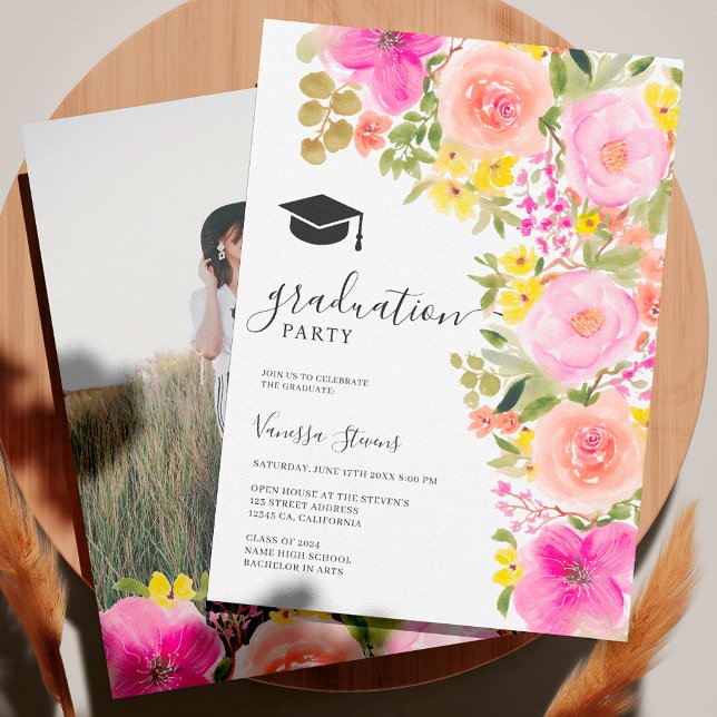 Invitation Jardin bohème aquarelle fleurs graduation (Garden bohemian watercolor flowers graduation invitation)