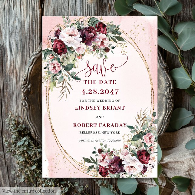 Invitation Jardin Boho Bourgogne Blush Roses Enregistrer la D (Garden Boho Burgundy Blush Gold Roses Save Date)