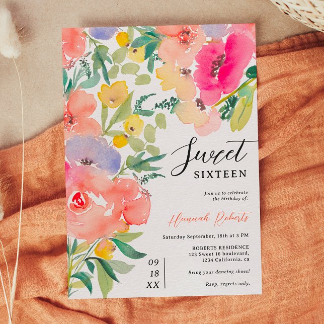 Invitation Jardin boho brillant fleuri Sweet 16 (Bright bold boho garden floral Sweet 16 Invitation)
