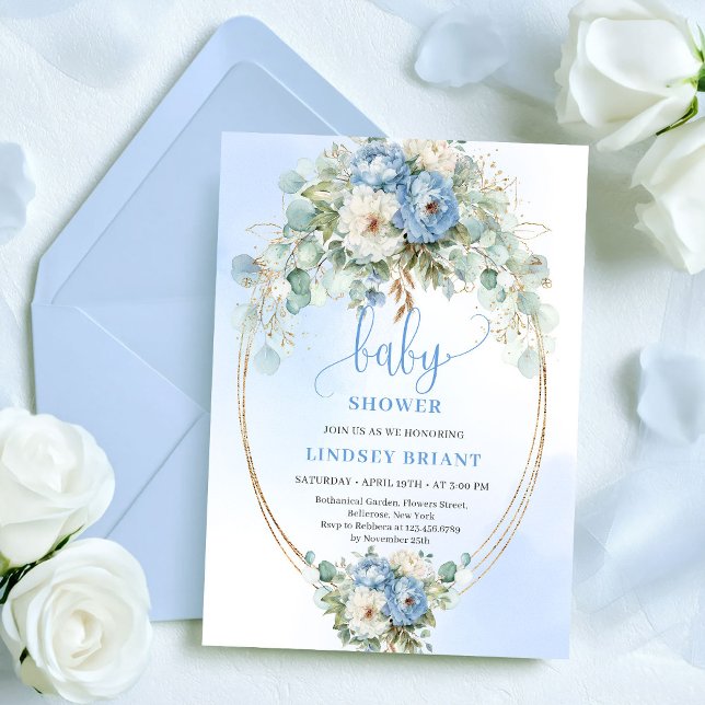 Invitation Jardin Boho Fleurs Bleu Poussiéreux Végétation Bab (Garden Boho Dusty Blue Flowers Greenery Baby Shower)