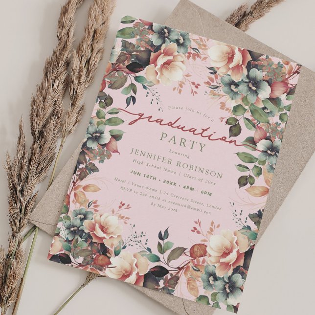 Invitation Jardin botanique Boho Floral Graduation Blush (Boho Botanical Garden Floral Graduation Blush Invitation)