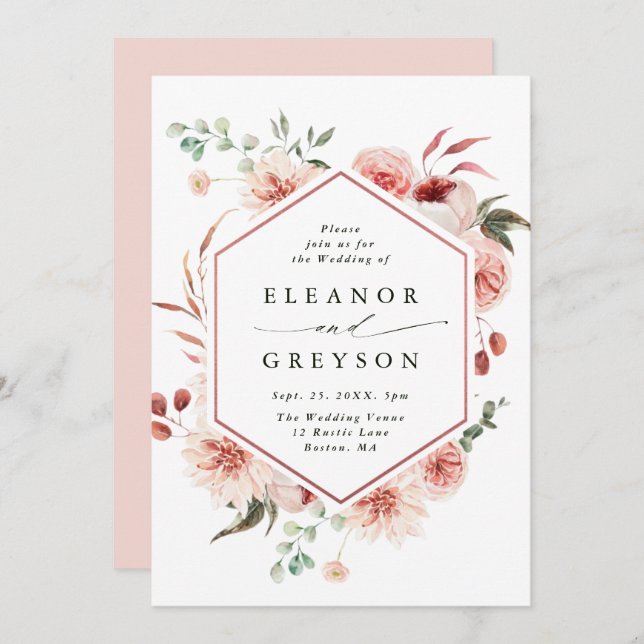Invitation Jardin botanique Floral Hexagon Mariage Blush (Devant / Derrière)
