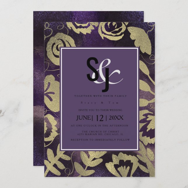 Invitation Jardin botanique Floral Rose or violet Mariage  (Devant / Derrière)