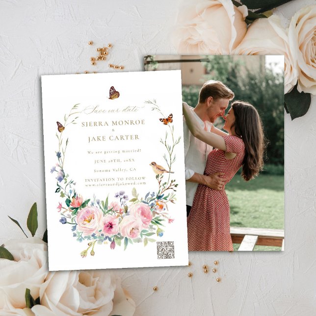 Invitation Jardin Botanique QR Code Photo Mariage Date de sau (garden wedding save the date photo QR code wildflowers roses enchanted woodland forest butterflies)