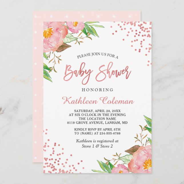 Invitation Jardin Botanique rose Baby shower à points floraux (Devant / Derrière)