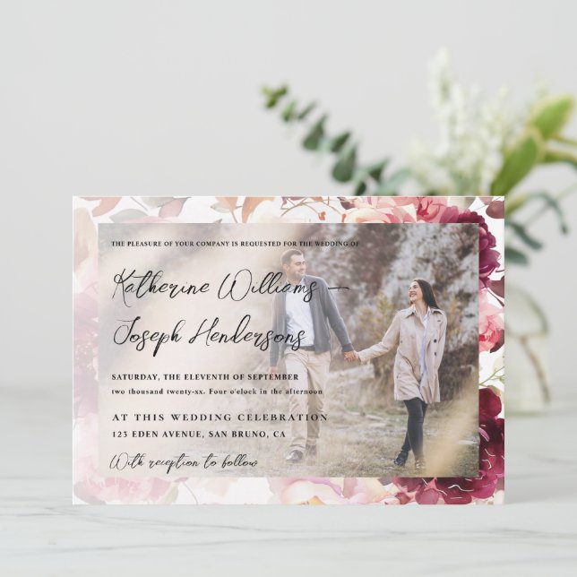 Invitation Jardin Bourgogne Script calligraphie Mariage photo (Debout devant)